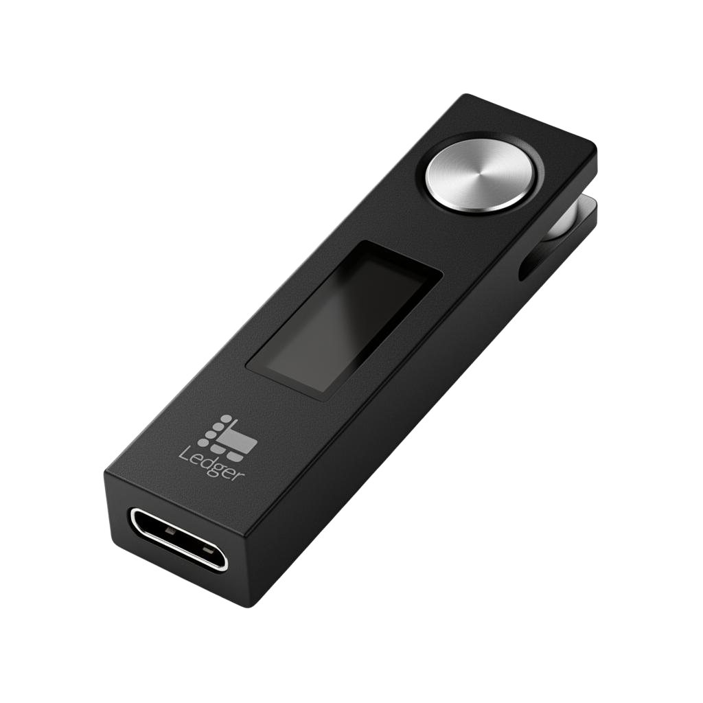 Ledger Nano S Plus hardware wallet on dark studio background