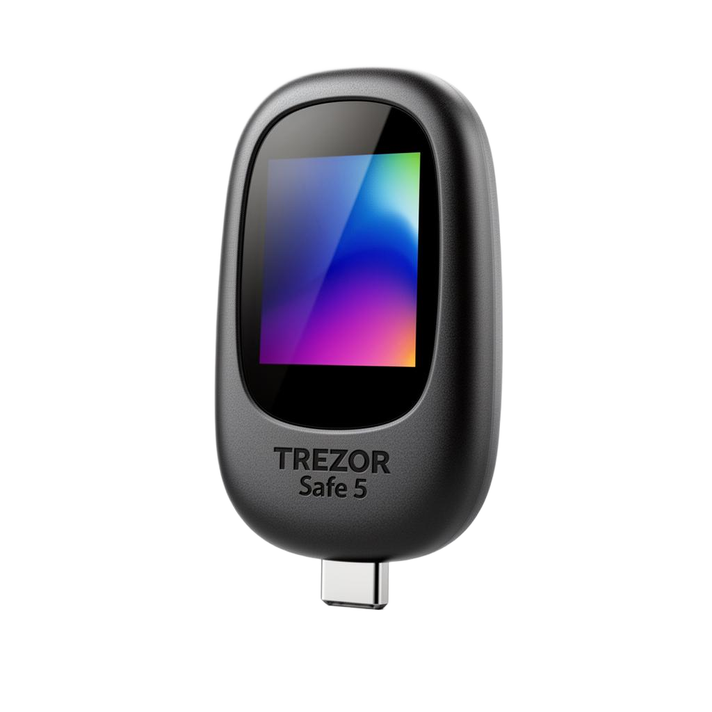 Trezor hardware wallet with color touchscreen on dark studio background